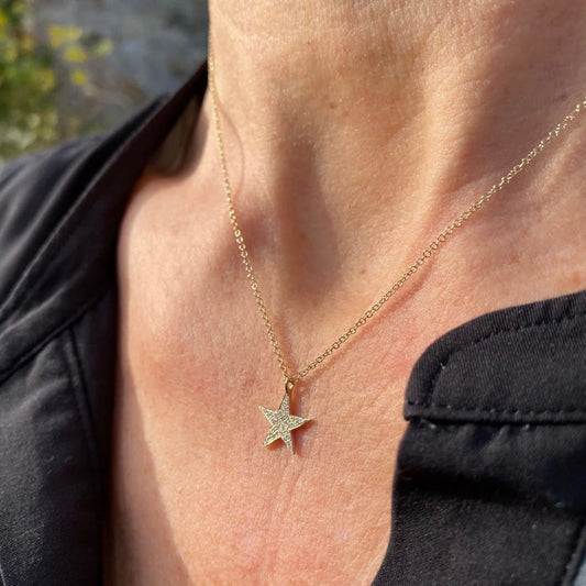 14K Solid Gold and Diamond Star Necklace