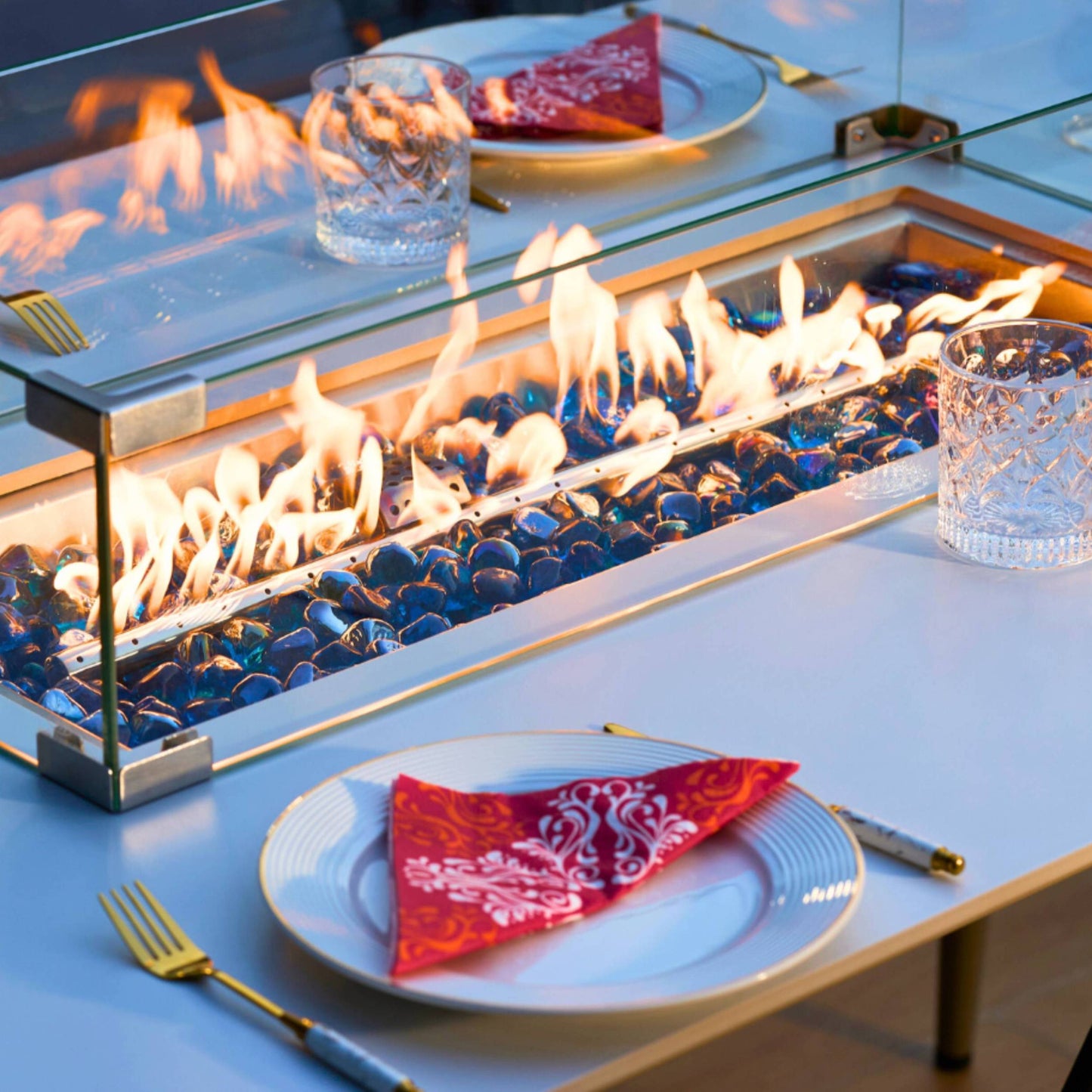 7 Pieces Outdoor Dining Set with Oval Propane Fire Pit Table & Rope Woven Armchair - Horizon and Stone