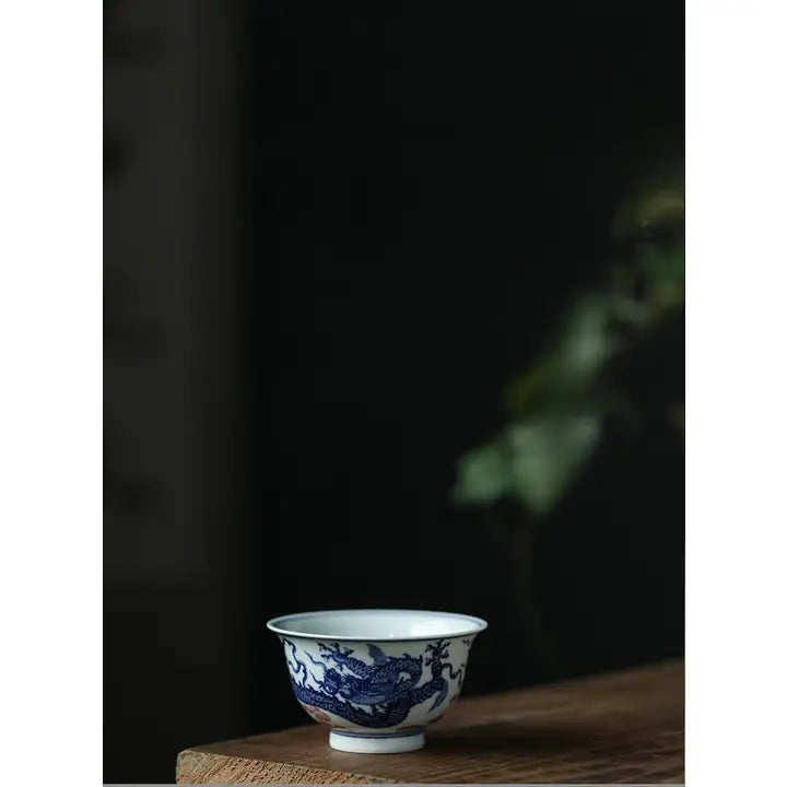 Gohobi Hand-Painted Wood-Fired Blue & White Dragon Porcelain Tea Cup