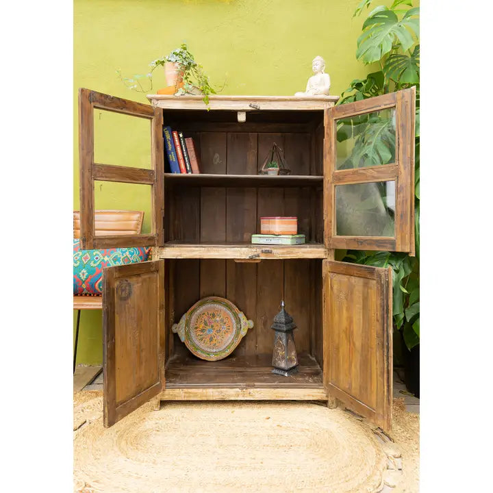 Vintage Wood & Glass 3 Door, 1 Shelf Cabinet