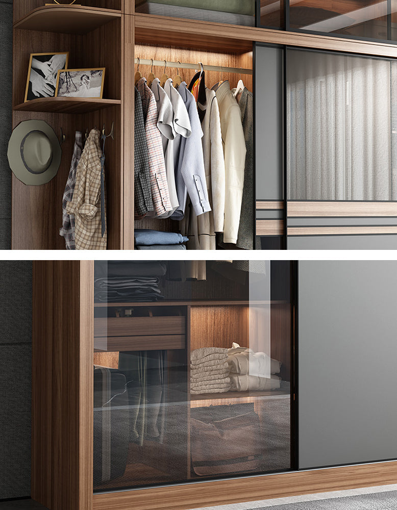 Ueda Double Sliding Door Wardrobe With Lights, Wood - Horizon and Stone