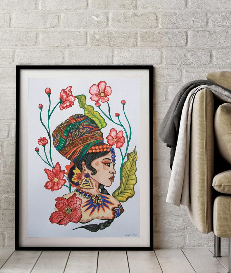 Afro Futurism Head Wrap Nude Floral Original Painting - Horizon and Stone