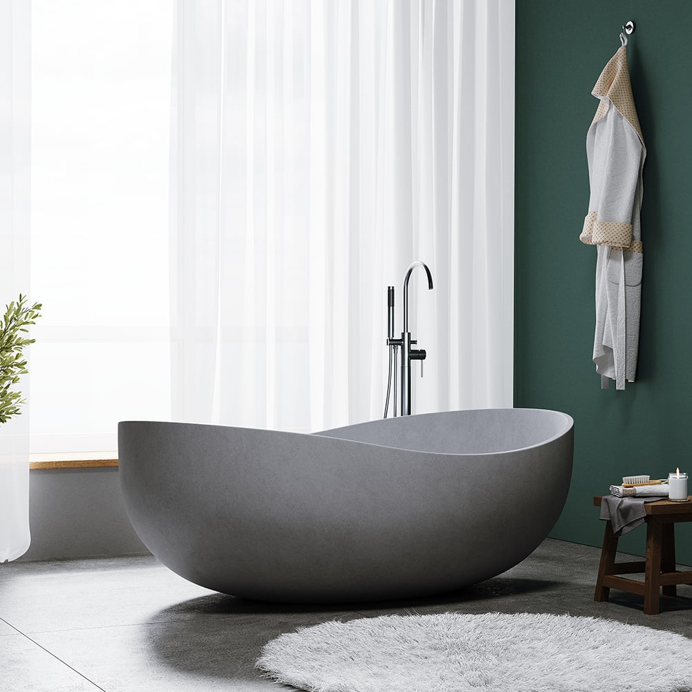 1600mm Industrial Concrete Soaking Bath Oval Cement Freestanding Bathtub in Grey - Horizon and Stone