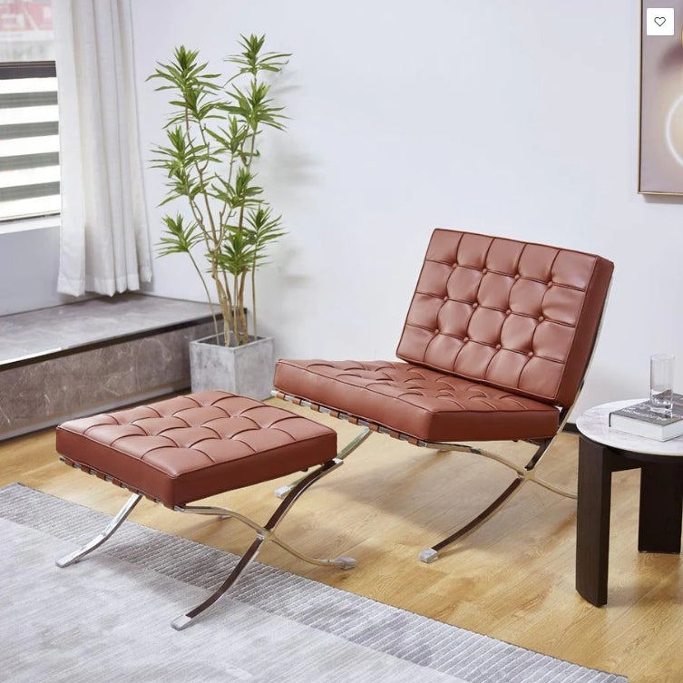 Barcelona Chair And Stool, Real Leather - Horizon and Stone