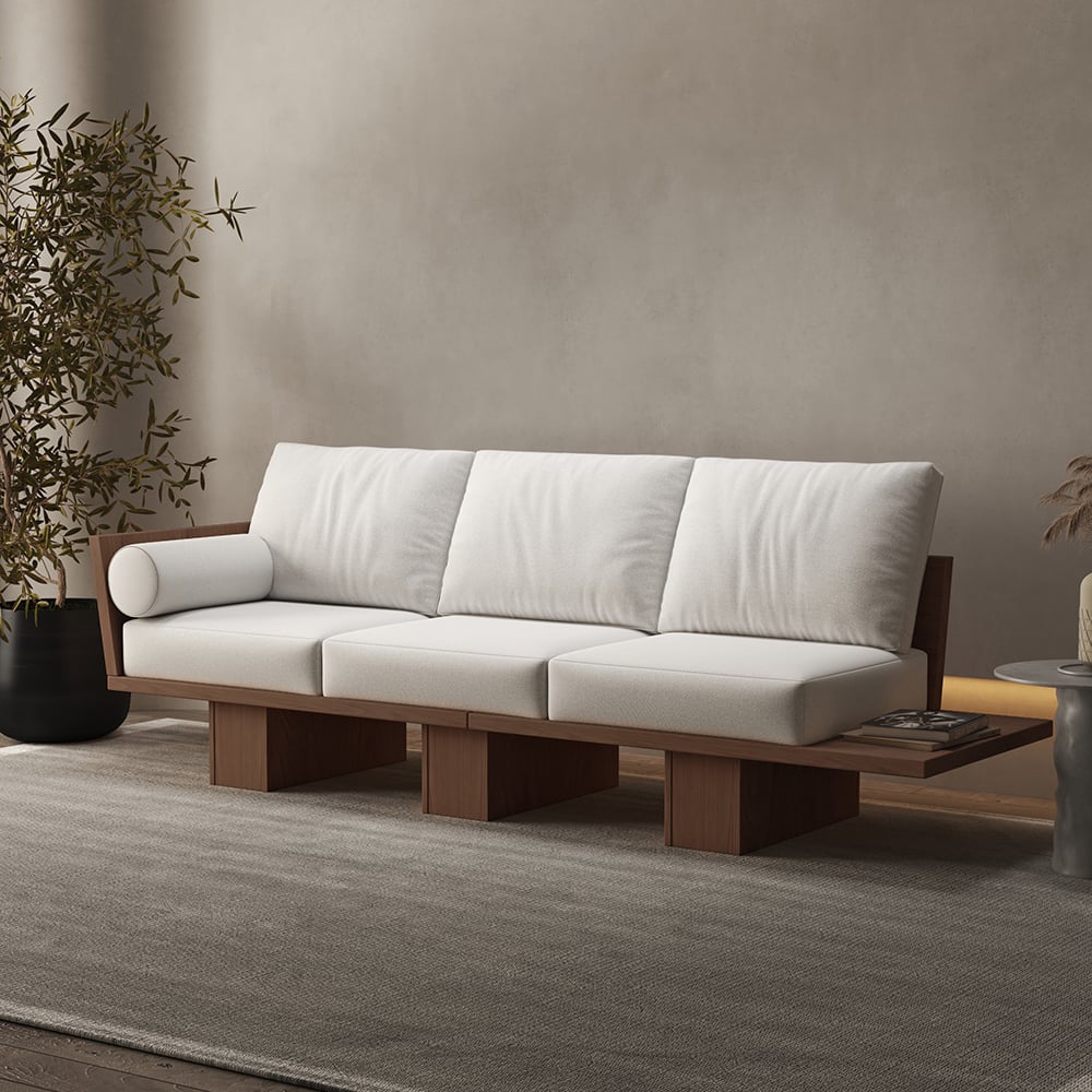 2460mm Walnut Japandi Solid Wood Living Room Sofa 3-Seater Cotton & Linen Upholstery - Horizon and Stone