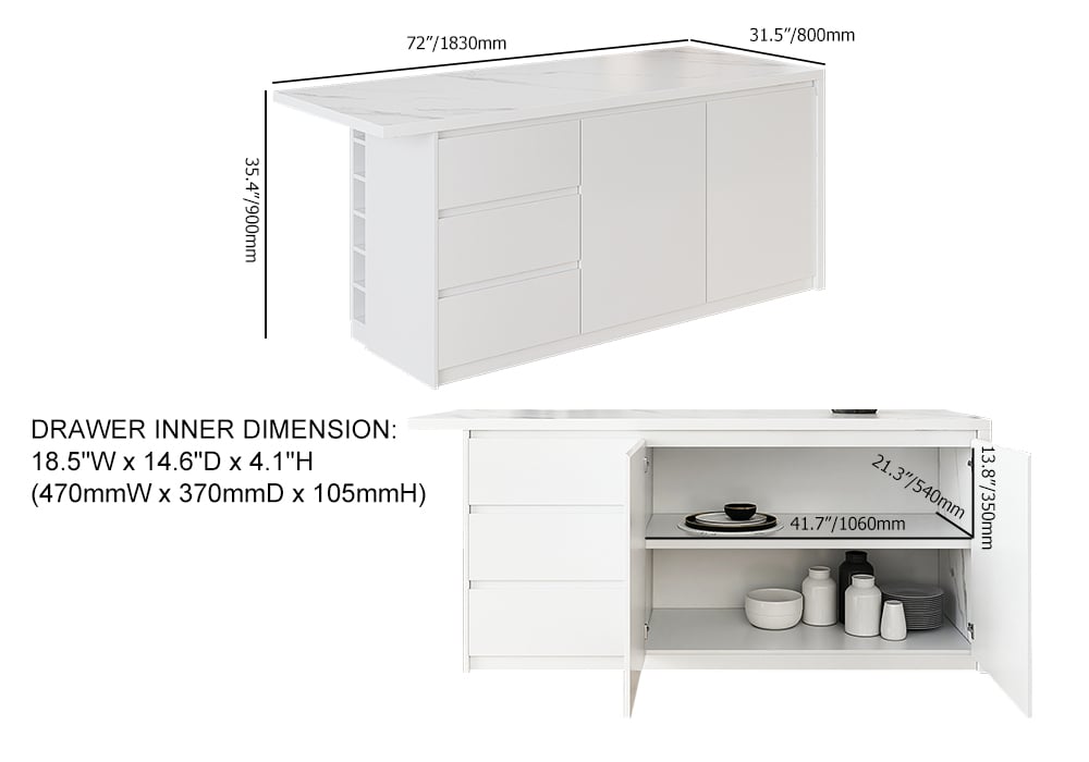 1830mm Large White Kitchen Island with Storage Kitchen Cabinet Marble Veneered Top