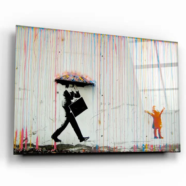 Banksy - Umbrella Man - Rainbow Rain Girl "・Glass Wall Art - Horizon and Stone 