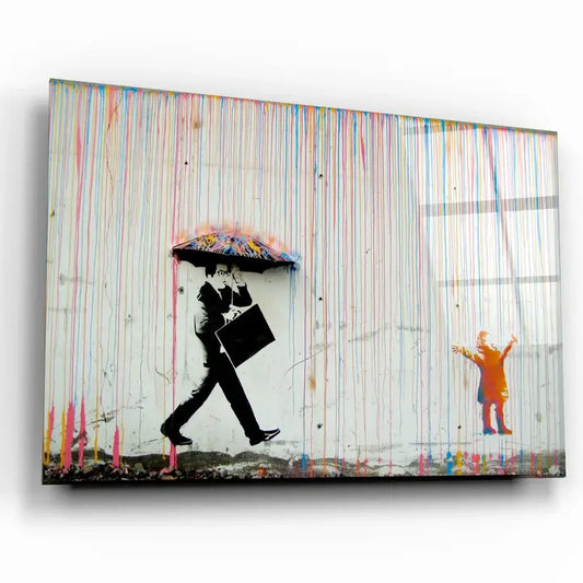 Banksy - Umbrella Man - Rainbow Rain Girl "・Glass Wall Art - Horizon and Stone 