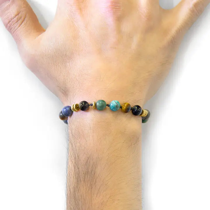 Multicoloured Multi-Gem Agaya 9ct Yellow Gold and Stone Beaded Macrame Bracelet - Horizon and Stone 