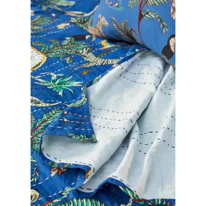 Jungle Print Kantha Bed Throw, Blue - Horizon and Stone 