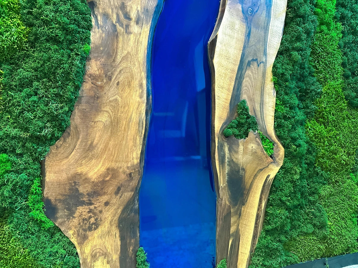 Moss and Wood Wall Art - Handmade Live Edge Olive Wood & Preserved Moss Wall River Design - Horizon and Stone 