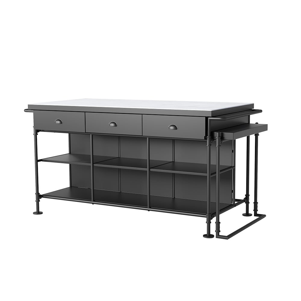 1525mm Kitchen Islands Extendable Faux Marble Top Industrial with 3-Drawer - Horizon and Stone 
