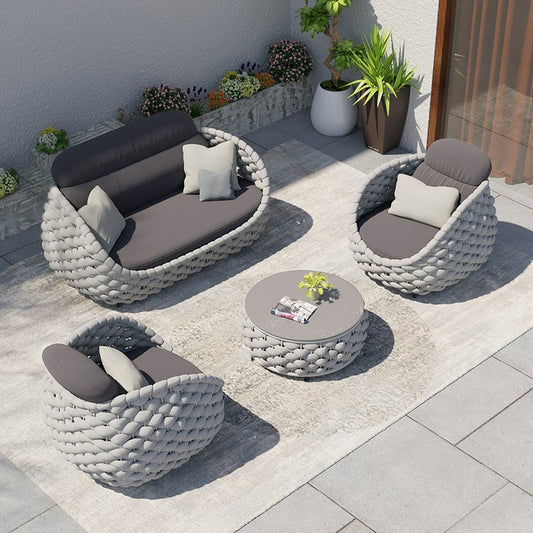 Tatta 4-Person Woven Rope Garden Sofa Set with Faux Mable Top Coffee Table - Horizon and Stone 