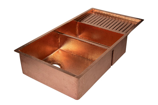 42" Drop-in Double Well 60/40 Hammered Copper Kitchen Sink