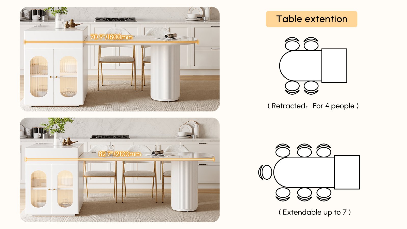 Expandable Kitchen Island with Marble-Pattern Sintered Stone Top 180-210cm - Horizon and Stone 