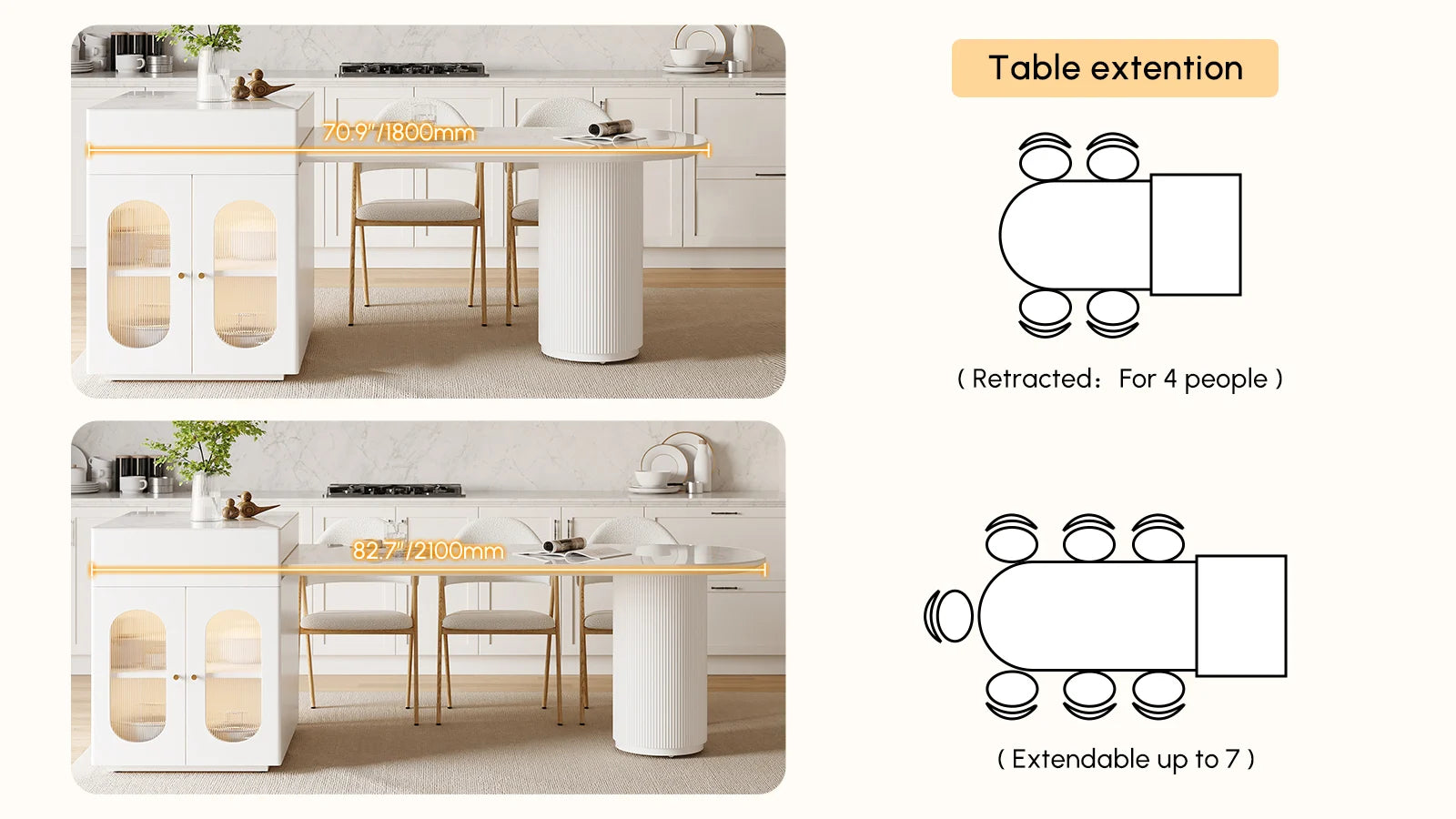 Expandable Kitchen Island with Marble-Pattern Sintered Stone Top 180-210cm - Horizon and Stone 