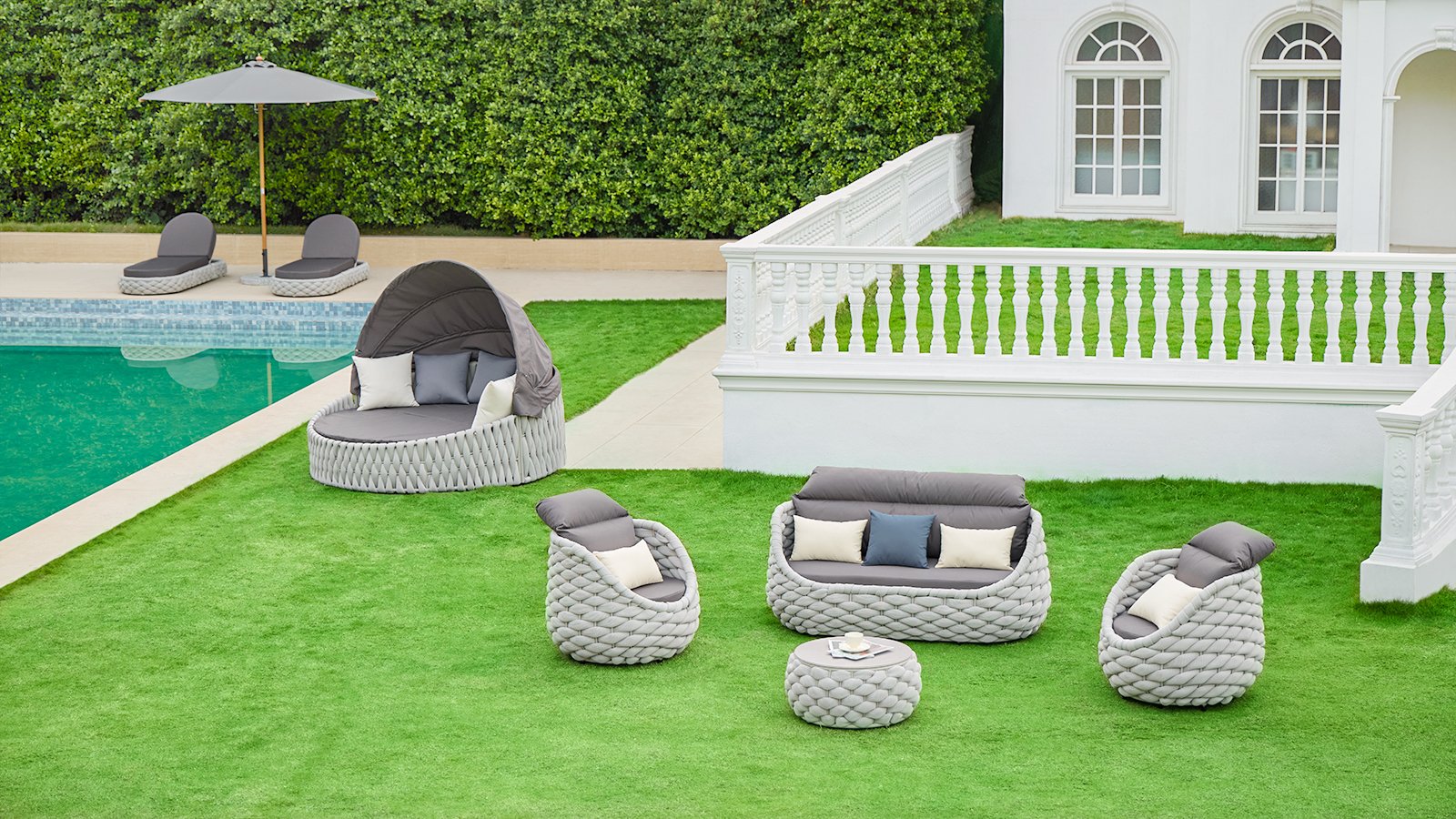 Tatta 4-Person Woven Rope Garden Sofa Set with Faux Mable Top Coffee Table - Horizon and Stone 