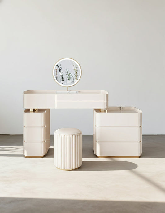 López Dressing Table With 2 Side Cabinets & LED Mirror and Stool, Cream - Horizon and Stone 