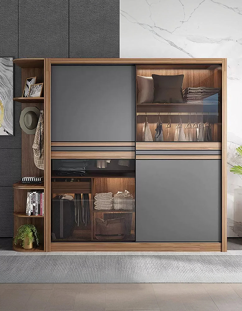 Ueda Double Sliding Door Wardrobe With Lights, Wood - Horizon and Stone 