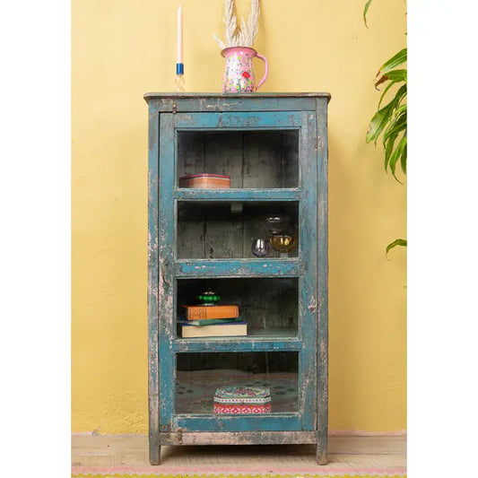 Distressed Vintage Teal Wood & Glass Door, 3 Shelf Cabinet - Horizon and Stone 