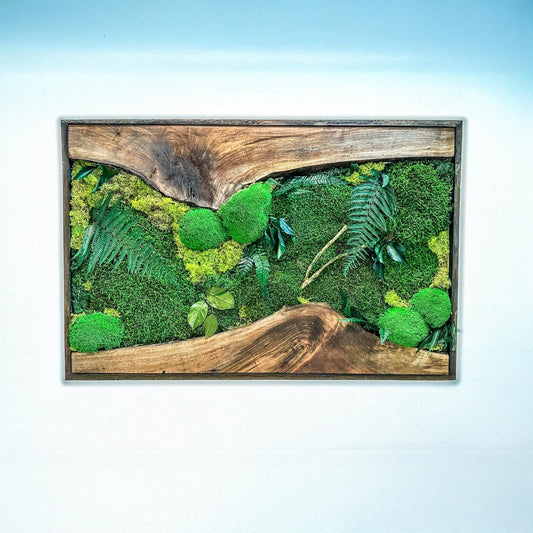 Moss Wall Art with Led Lights, Olive Wood and Preserved Moss Wall Decor, Handmade Biophilic Art, Preserved Stabilized Moss Living Wall Art - Horizon and Stone 