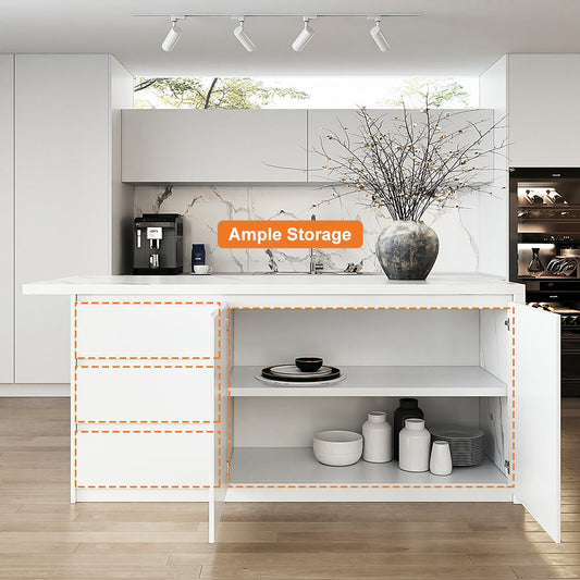 1830mm Large White Kitchen Island with Storage Kitchen Cabinet Marble Veneered Top