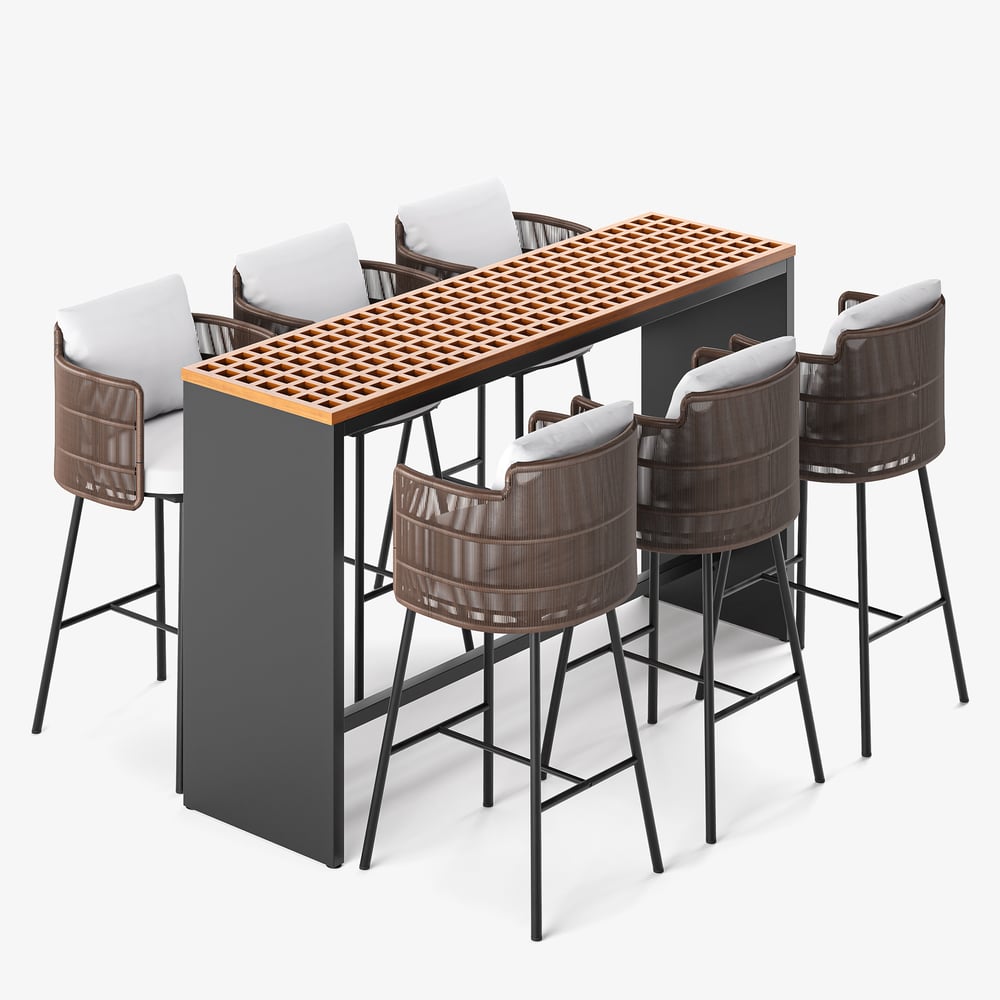 7-Pieces Teak Rectangle Hollow Bar Dining Table & Rope Chair Set - Horizon and Stone 
