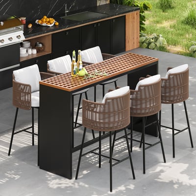 7-Pieces Teak Rectangle Hollow Bar Dining Table & Rope Chair Set - Horizon and Stone 