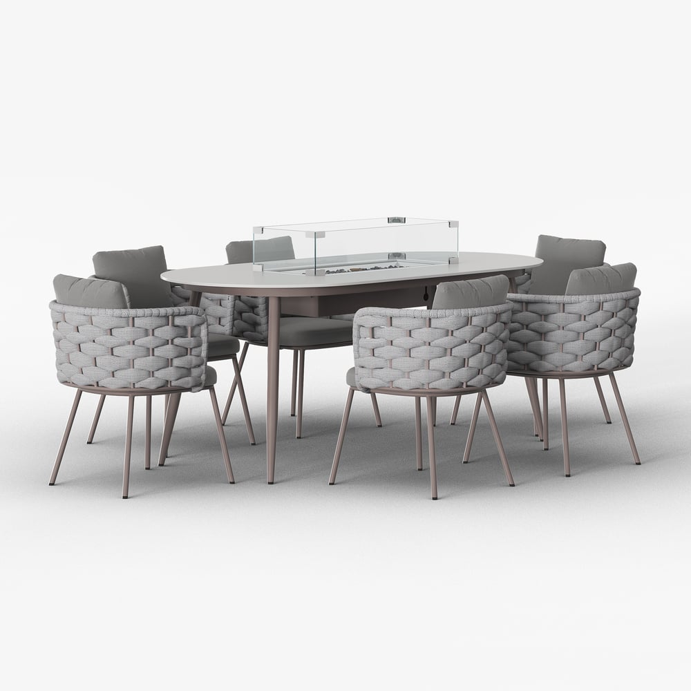 7 Pieces Outdoor Dining Set with Oval Propane Fire Pit Table & Rope Woven Armchair - Horizon and Stone 