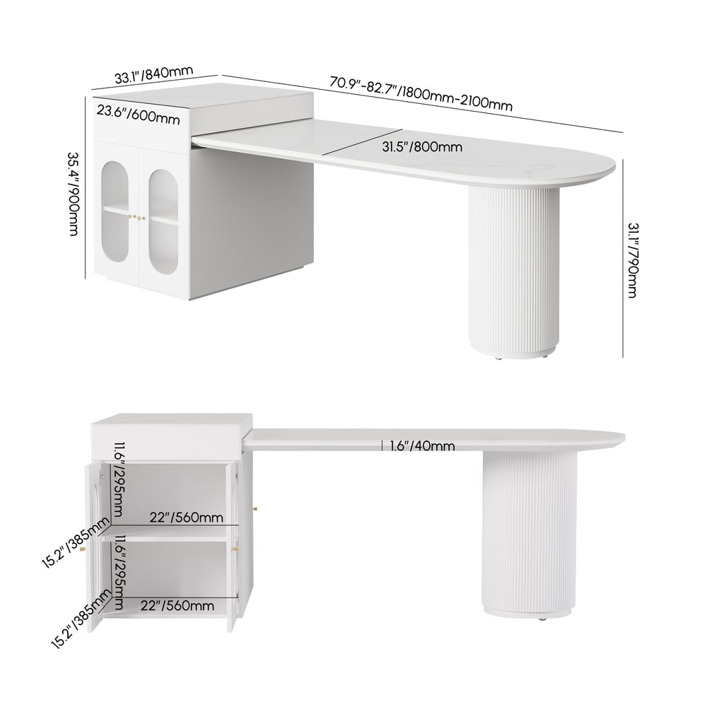Expandable Kitchen Island with Marble-Pattern Sintered Stone Top 180-210cm - Horizon and Stone 