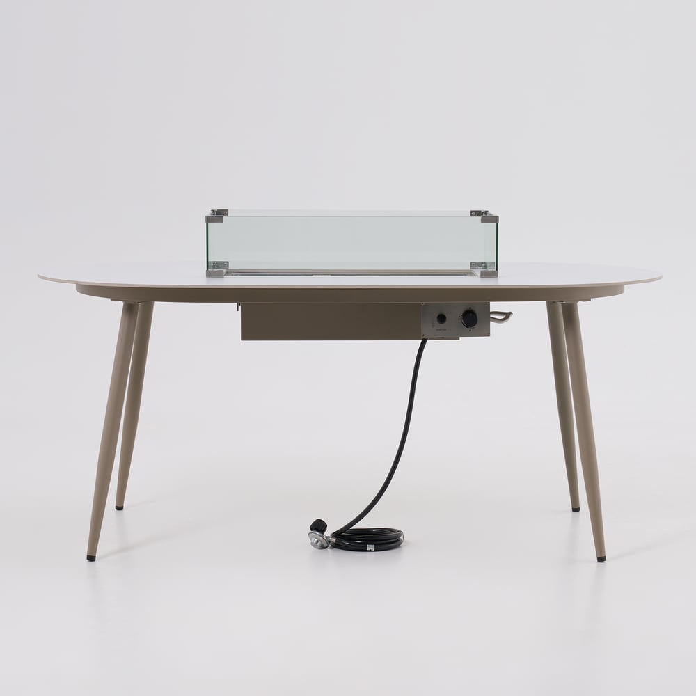 7 Pieces Outdoor Dining Set with Oval Propane Fire Pit Table & Rope Woven Armchair - Horizon and Stone 