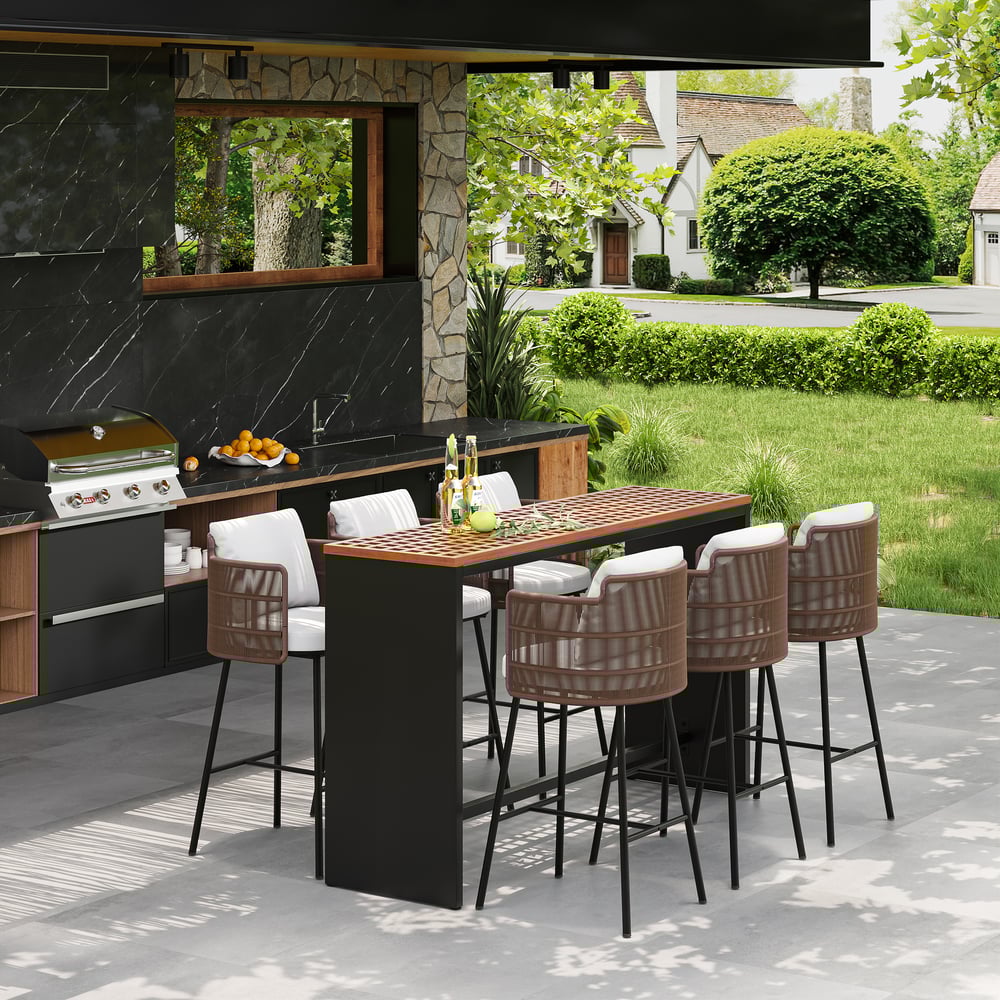 7-Pieces Teak Rectangle Hollow Bar Dining Table & Rope Chair Set - Horizon and Stone 