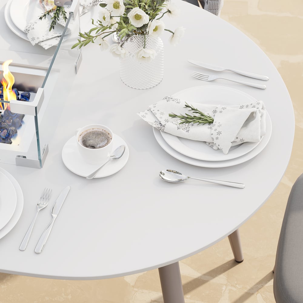 7 Pieces Outdoor Dining Set with Oval Propane Fire Pit Table & Rope Woven Armchair - Horizon and Stone 