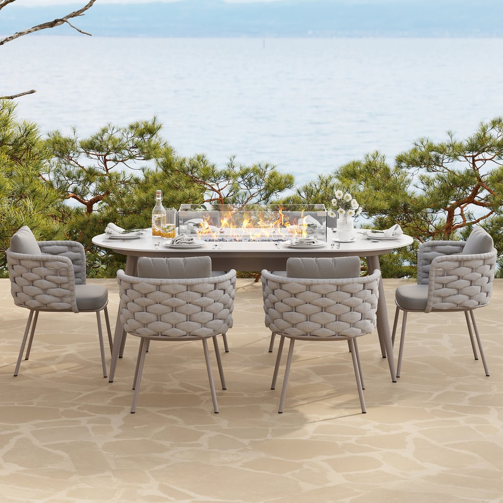 7 Pieces Outdoor Dining Set with Oval Propane Fire Pit Table & Rope Woven Armchair - Horizon and Stone 