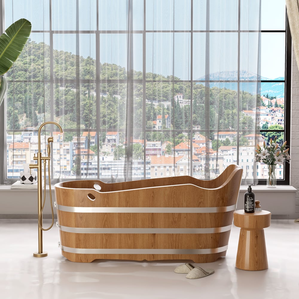 1510mm Japanese Oak Wood Soaking Bath Freestanding Modern Natural Bathtub - Horizon and Stone 