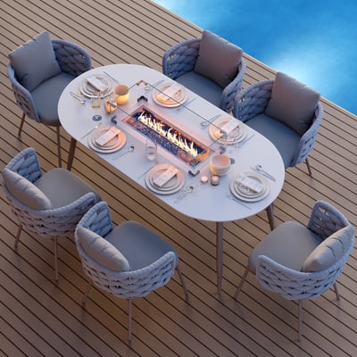 7 Pieces Outdoor Dining Set with Oval Propane Fire Pit Table & Rope Woven Armchair - Horizon and Stone 
