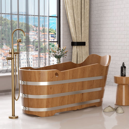 1510mm Japanese Oak Wood Soaking Bath Freestanding Modern Natural Bathtub