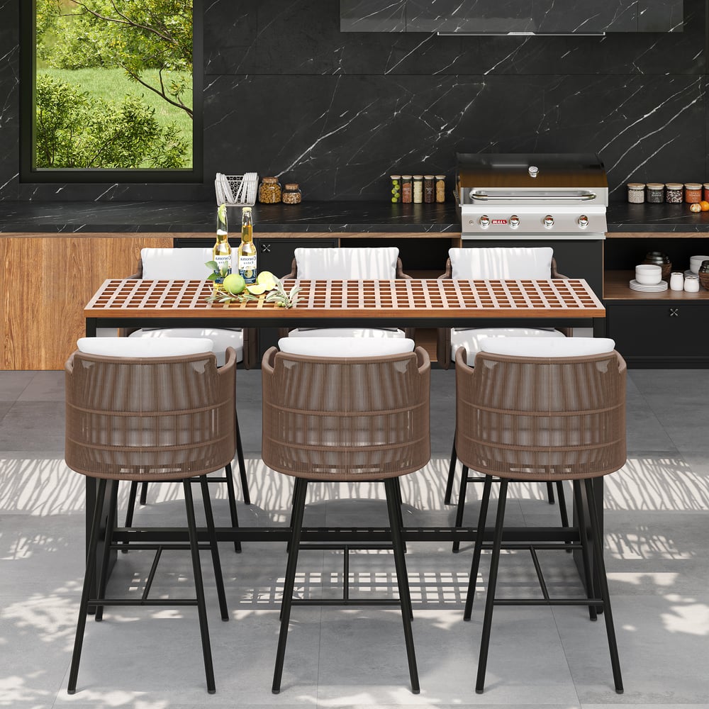 7-Pieces Teak Rectangle Hollow Bar Dining Table & Rope Chair Set - Horizon and Stone 