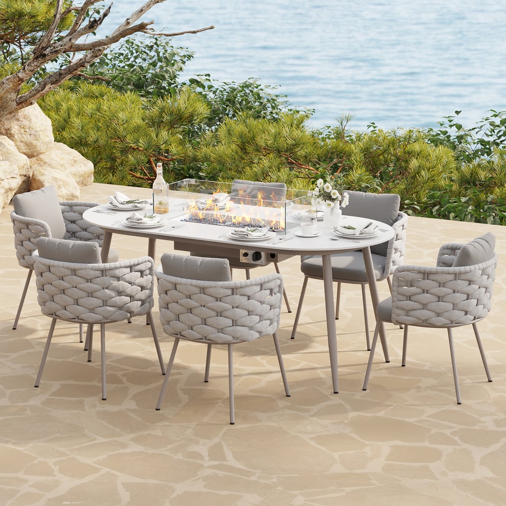 7 Pieces Outdoor Dining Set with Oval Propane Fire Pit Table & Rope Woven Armchair - Horizon and Stone 