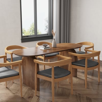 Oval Dining Table & Curved Back 6 Dining Chairs Upholstered Leather Solid Wood Top - Horizon and Stone 
