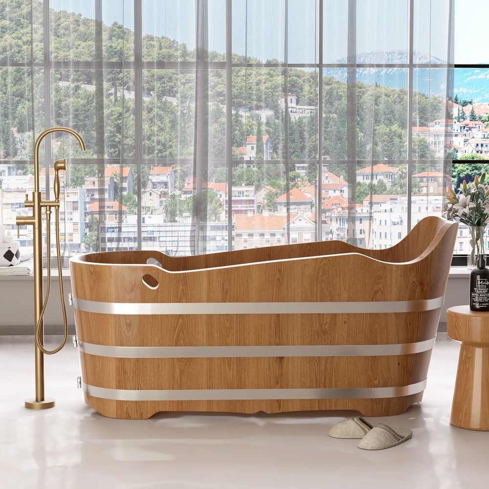 1510mm Japanese Oak Wood Soaking Bath Freestanding Modern Natural Bathtub - Horizon and Stone 