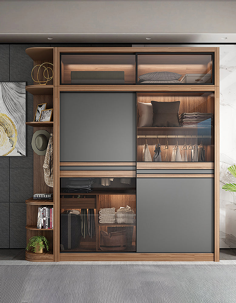 Ueda Double Sliding Door Wardrobe With Lights, Wood - Horizon and Stone 