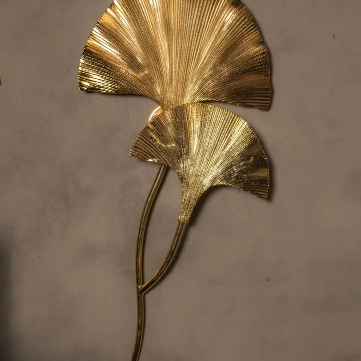 Handmade Ginkgo Double Leaf Sconce Lighting, Mid Century Gold Wall Lamp