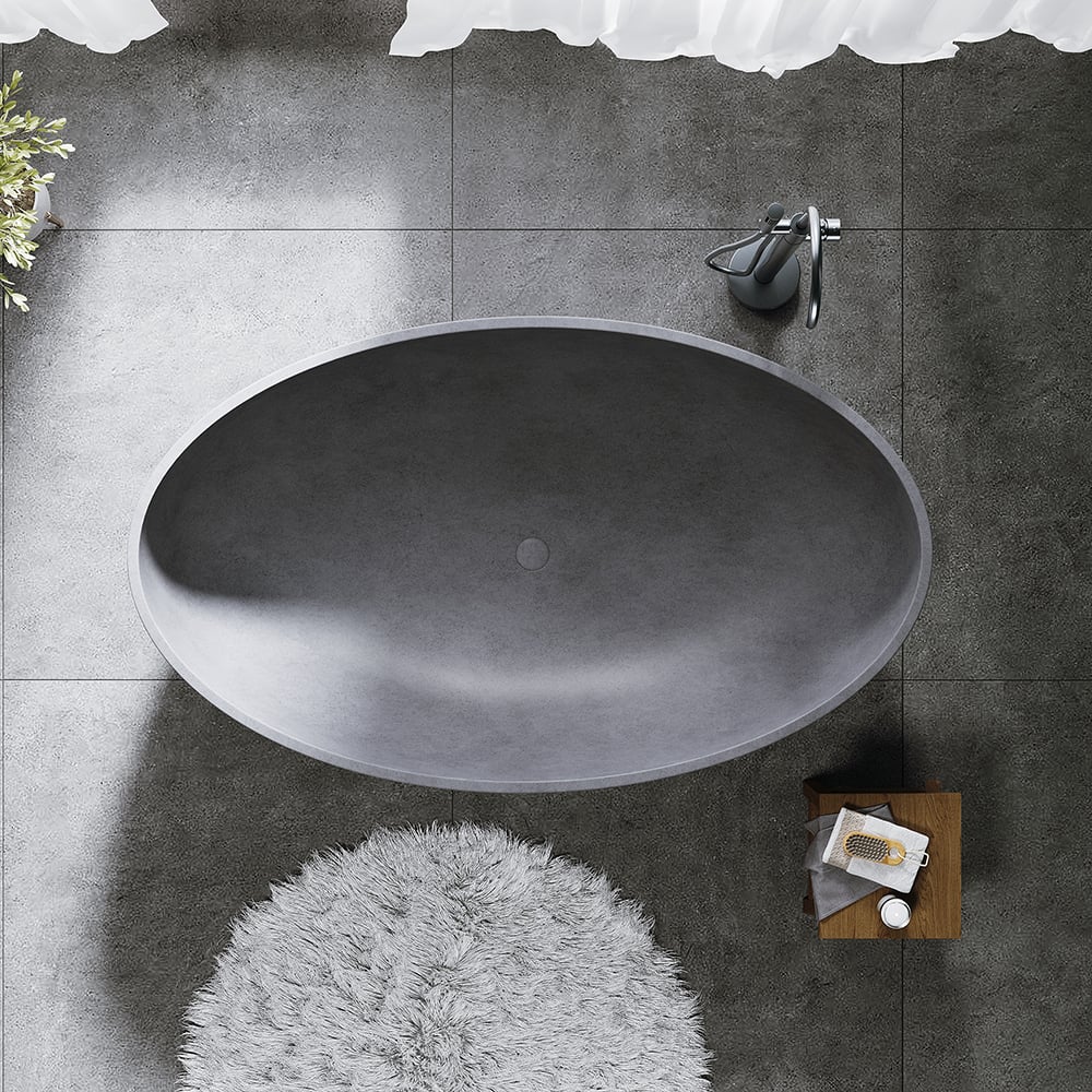 1600mm Industrial Concrete Soaking Bath Oval Cement Freestanding Bathtub in Grey - Horizon and Stone 