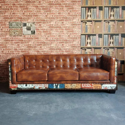 Vintage Industrial Loft 3-Seater Sofa Tufted Brown Faux Leather Upholstered Sofa - Horizon and Stone 