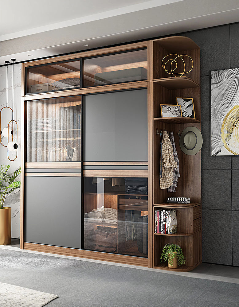Ueda Double Sliding Door Wardrobe With Lights, Wood - Horizon and Stone 
