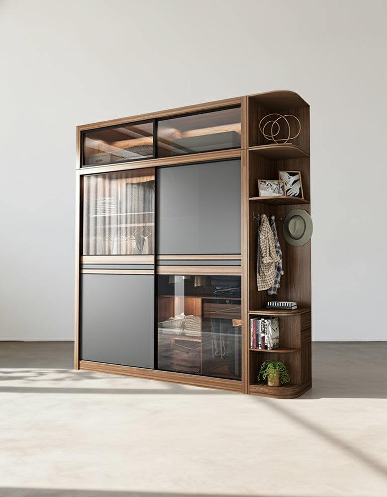 Ueda Double Sliding Door Wardrobe With Lights, Wood - Horizon and Stone 