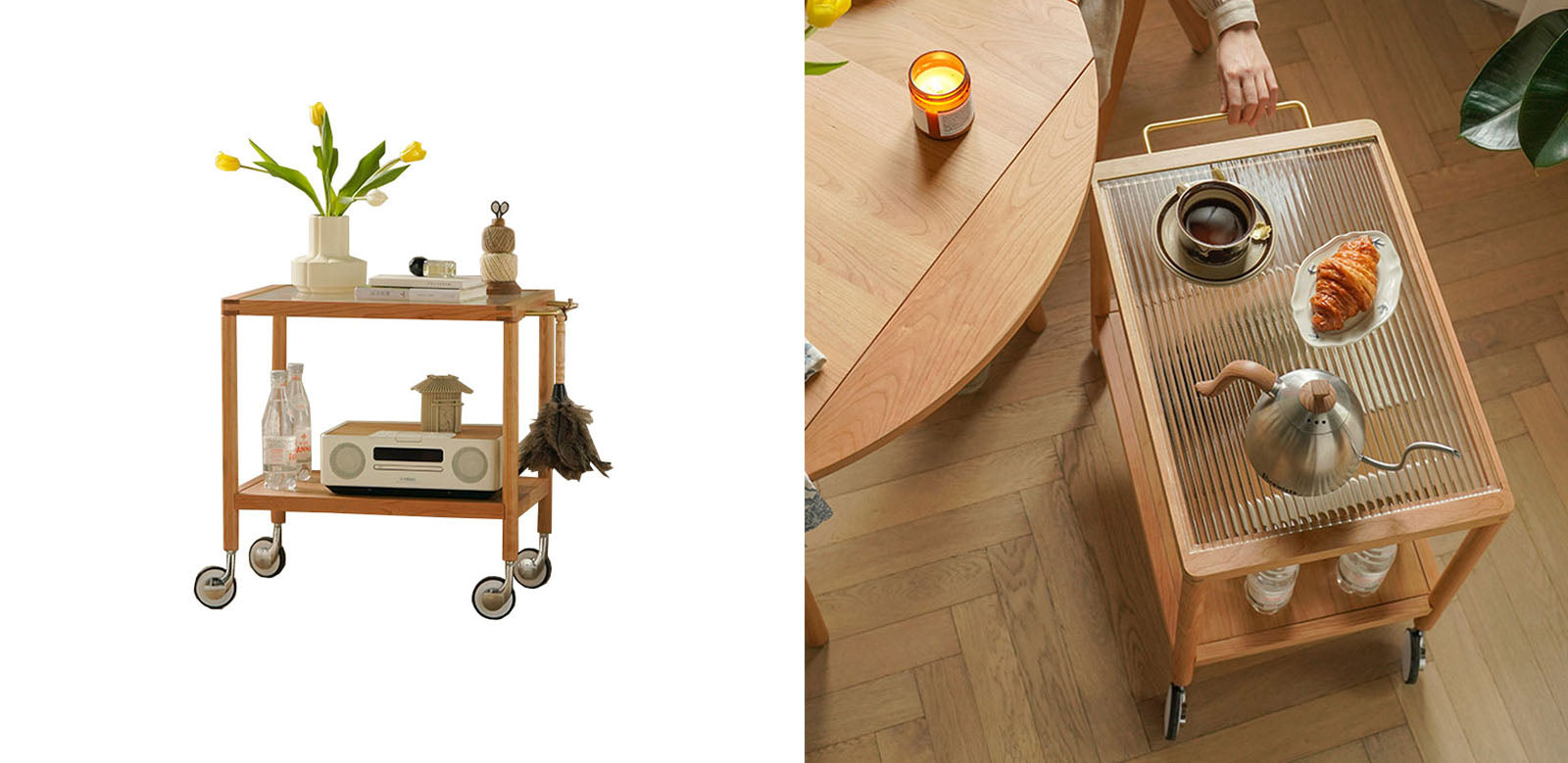 Burzo 2-tier Trolley on Wheels, Kitchen Storage Utility Cart, Wood - Horizon and Stone 