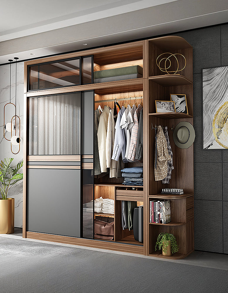 Ueda Double Sliding Door Wardrobe With Lights, Wood - Horizon and Stone 