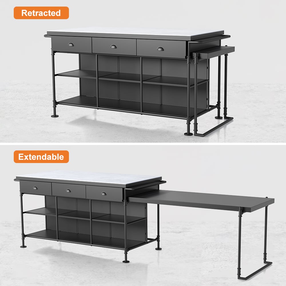 1525mm Kitchen Islands Extendable Faux Marble Top Industrial with 3-Drawer - Horizon and Stone 